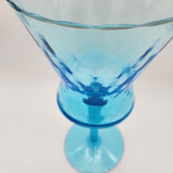 MCM Empoli Italy Azure Blue Long Stem Hand Blown Art Glass Scalloped Rim Vintage - Picture 2 of 9